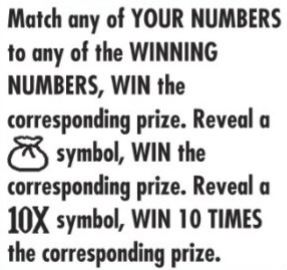 Match any of your numbers to any of the winning numbers win the corresponding prize. reveal a money sac symbol win the corresponding prize. reveal a 10X symbol win 10 times the corresponding prize. 