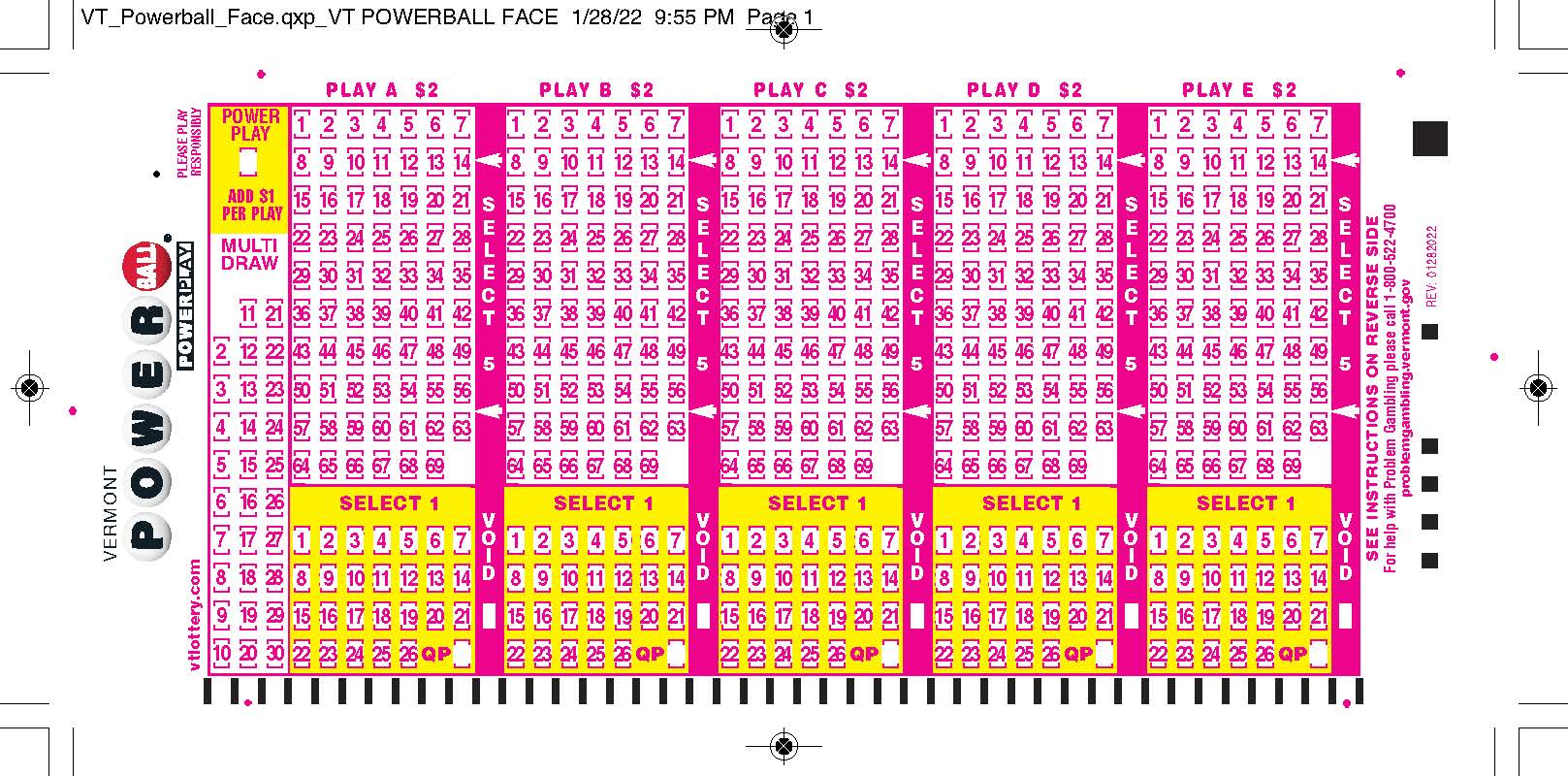 powerball number sheet