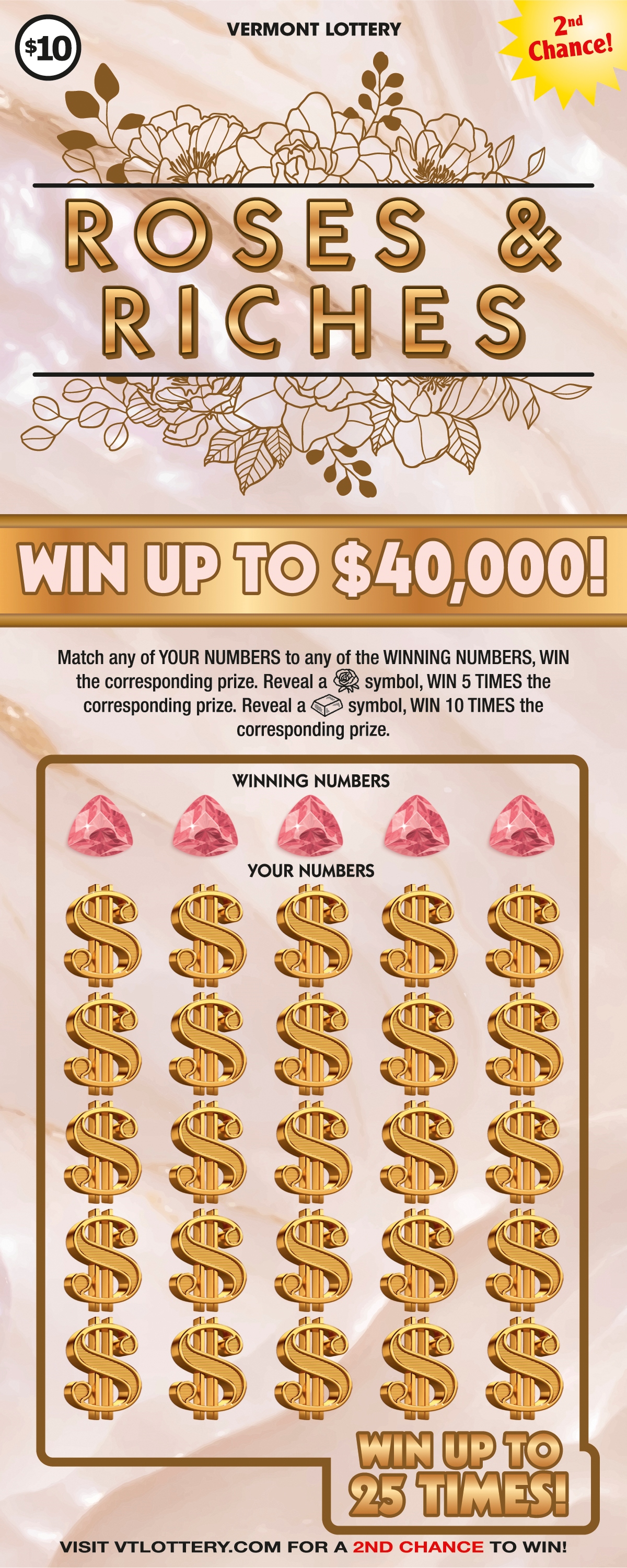 ROSES & RICHES instant ticket from Vermont Lottery