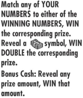 Match any of your numbers to either of the winning numbers, win the corresponding prize. reveal a money stack symbol, win double the corresponding prize.  