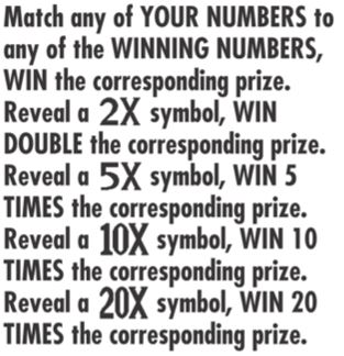 Match any of your numbers to any of the winning number win the corresponding prize. reveal a 2x symbol, WIN DOUBLE the corresdponding prize. Reveal a 5x symbol win 5 times the corresponding prize. reveal a 10x symbol with 10 times the corresponding prize. reaveal a 20xsymbol win 20 times the coorspodning prize. 